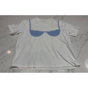 THINGS BETWEEN White Blue Gingham Bib T Shirt Top Women's Size Medium